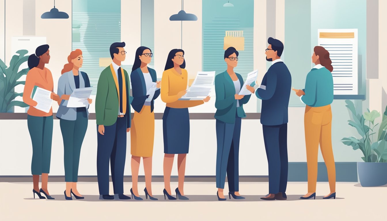 A group of people standing in line, holding paperwork and talking to a bank representative about a business loan