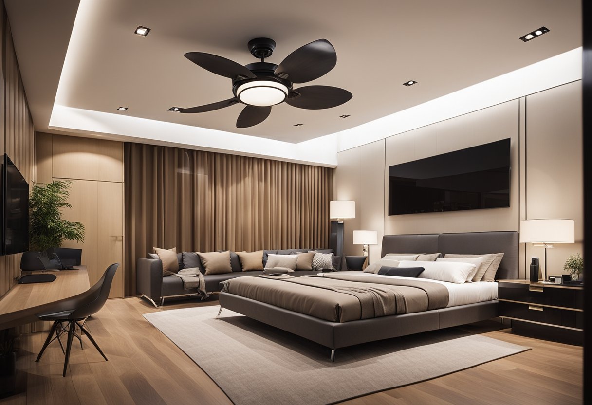 A bedroom with a modern false ceiling design and a sleek fan hanging from the center