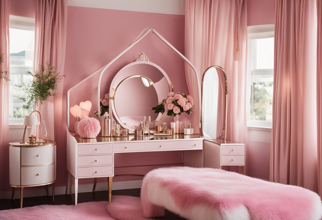 A pink bedroom with a canopy bed, fluffy pink rug, heart-shaped pillows, and a vanity with a mirror and pink decor