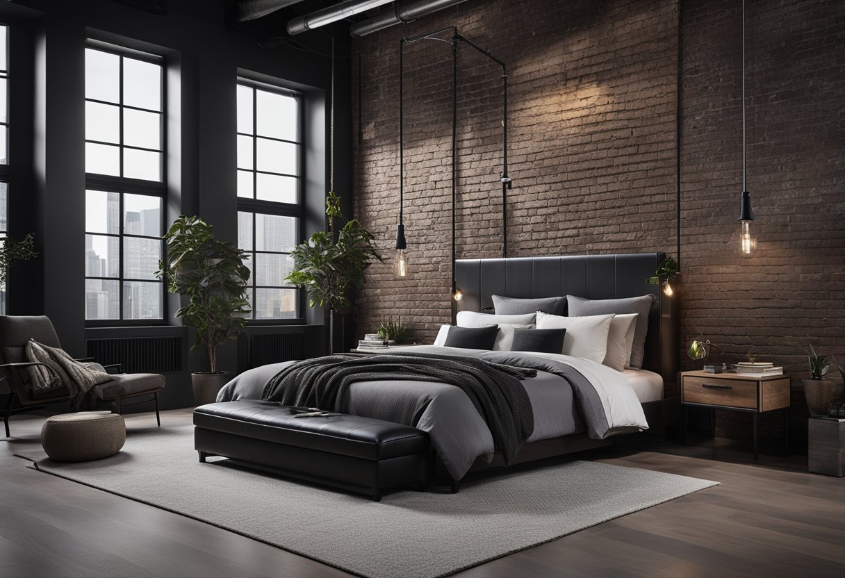 A modern bedroom with dark wood furniture, a sleek black and gray color scheme, and industrial accents like metal lamps and exposed brick walls