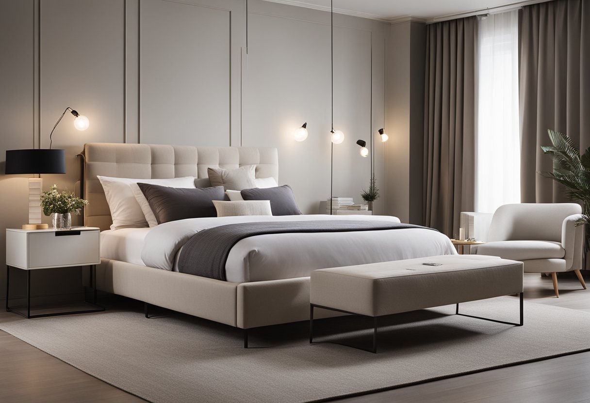 A modern, minimalist bedroom with a neutral color palette, a cozy bed with crisp white linens, and soft, ambient lighting
