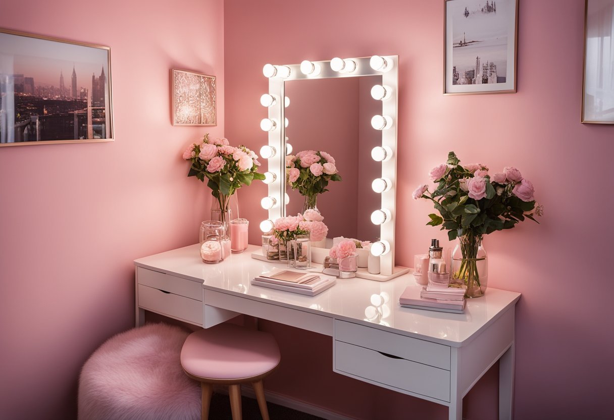 A pink bedroom with personalized decor, such as photo frames, pillows, and wall art. Accessories like fairy lights and a vanity mirror add charm