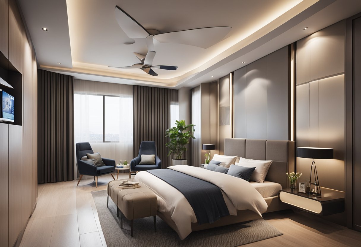 A modern bedroom with a sleek false ceiling design featuring an integrated fan for ventilation