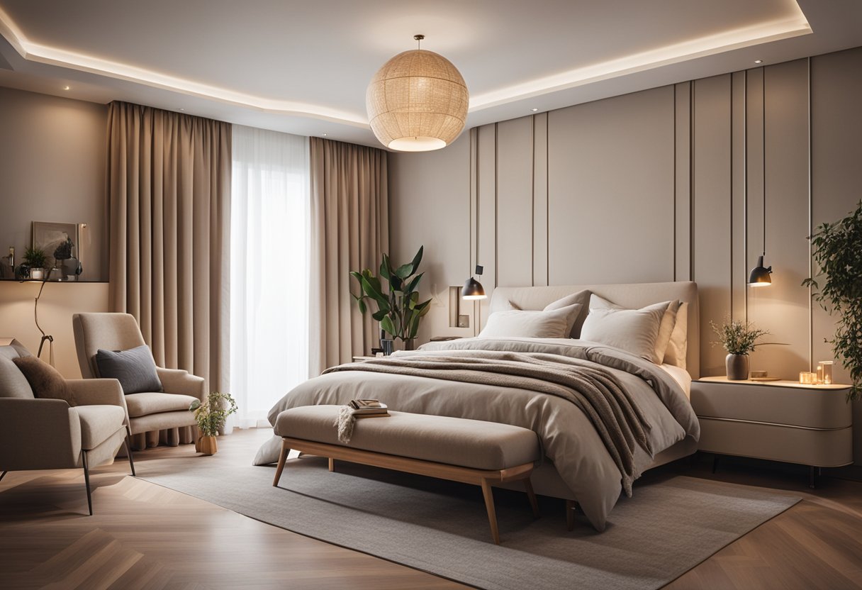 A cozy bedroom with soft, neutral colors, warm lighting, and modern furniture arranged in a balanced and harmonious layout