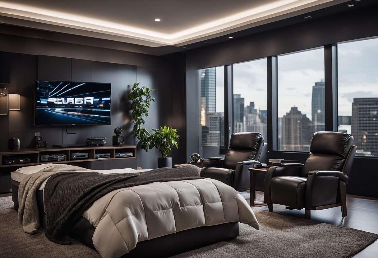 A sleek, modern bedroom with a large flat-screen TV, gaming console, sports memorabilia, and a cozy leather recliner. Dark colors and clean lines give off a masculine vibe