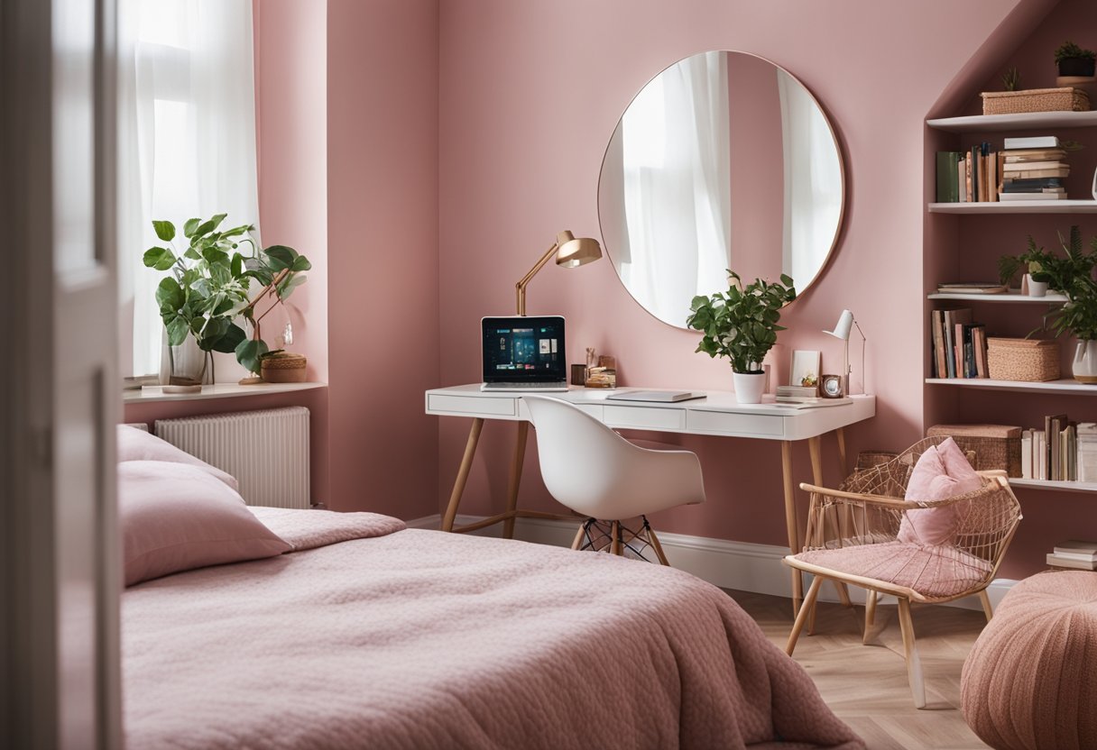 A cozy bedroom with pink walls, a floral patterned bedspread, and a white vanity with a mirror. A bookshelf filled with books and a desk with a laptop complete the space