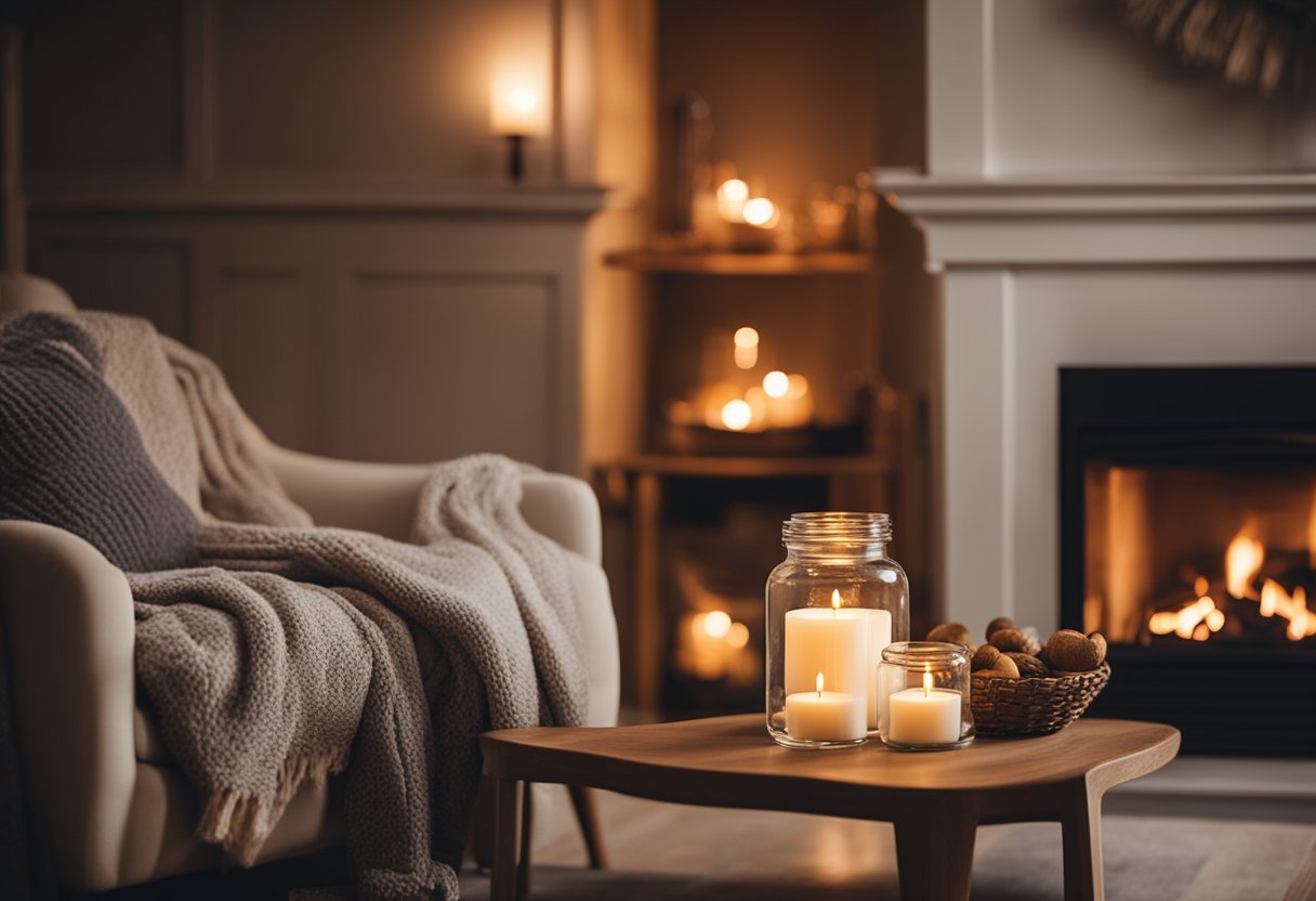 Soft lighting fills the cozy living room, with warm tones and comfortable furniture. A crackling fireplace adds to the inviting atmosphere, while the simple, yet charming, decor completes the ambience