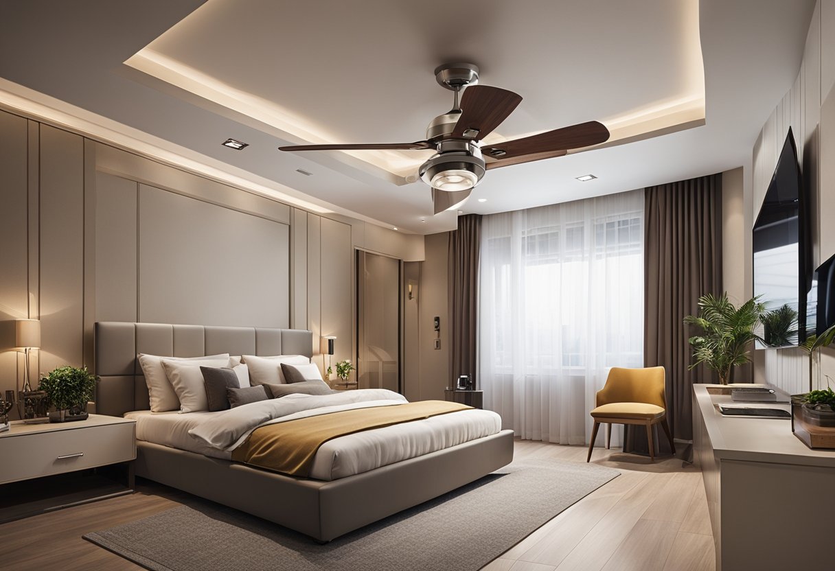 A bedroom with a false ceiling design featuring a ceiling fan