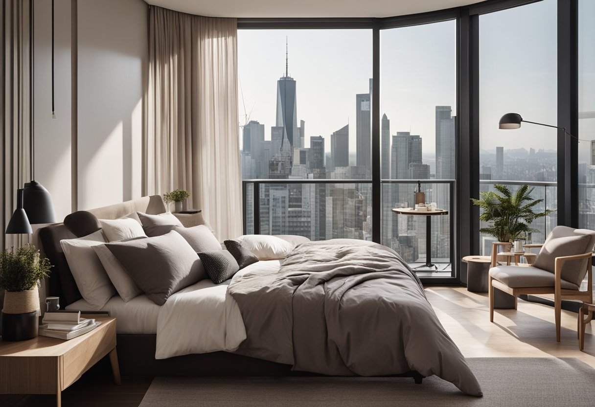 A cozy bedroom with a neutral color scheme, modern furniture, and minimalistic decor. Large windows let in natural light, and a small balcony provides a view of the city skyline