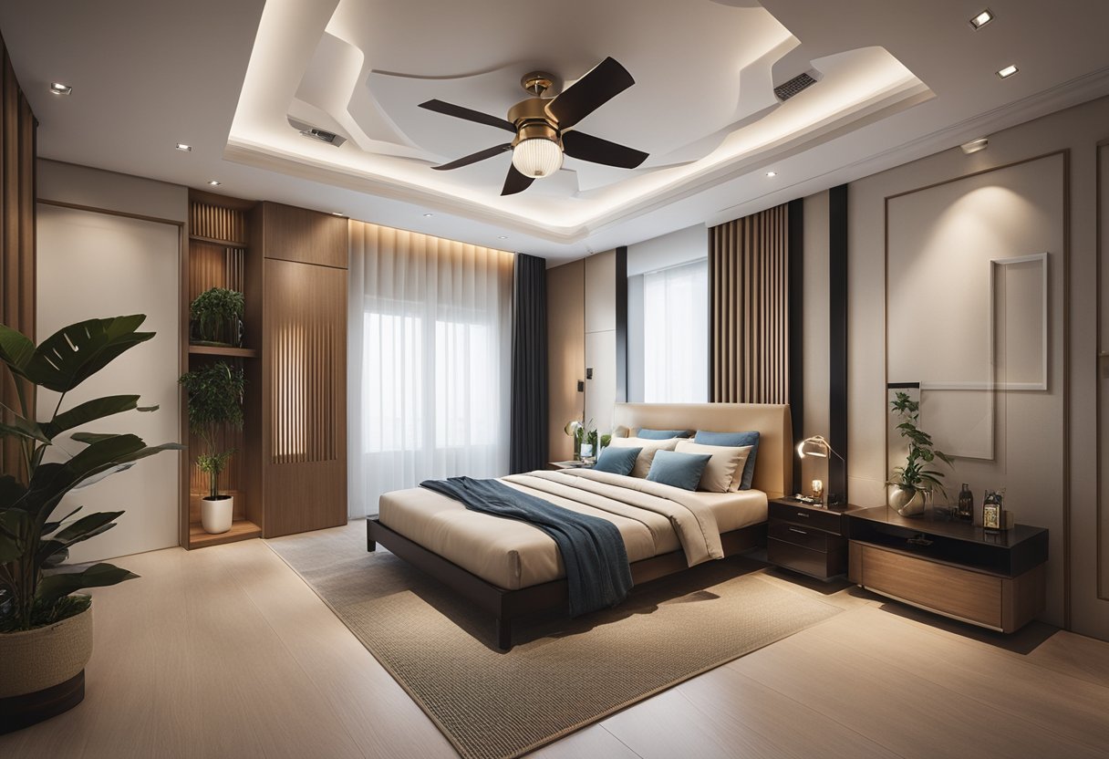 A bedroom with a modern false ceiling design and a fan hanging from the center
