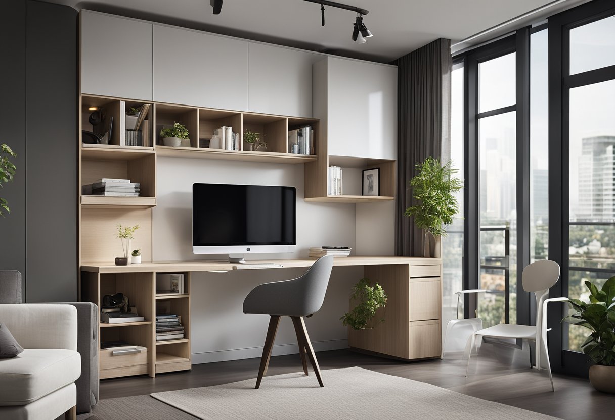 The 1-bedroom condo features a minimalist design with multifunctional furniture, maximizing space and functionality. A fold-out desk and wall-mounted storage units create a versatile living area
