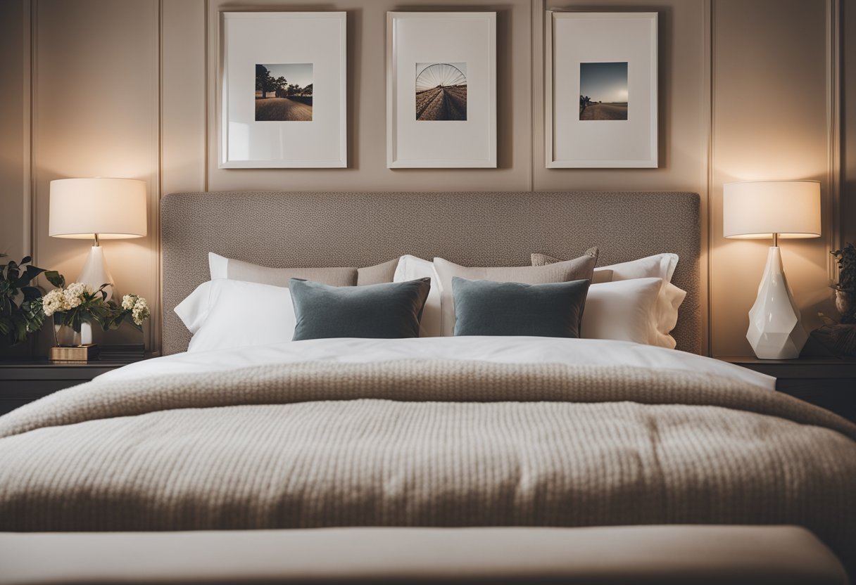 A cozy bedroom with a large, plush bed, soft lighting, and neutral-colored walls adorned with tasteful artwork and decorative accents