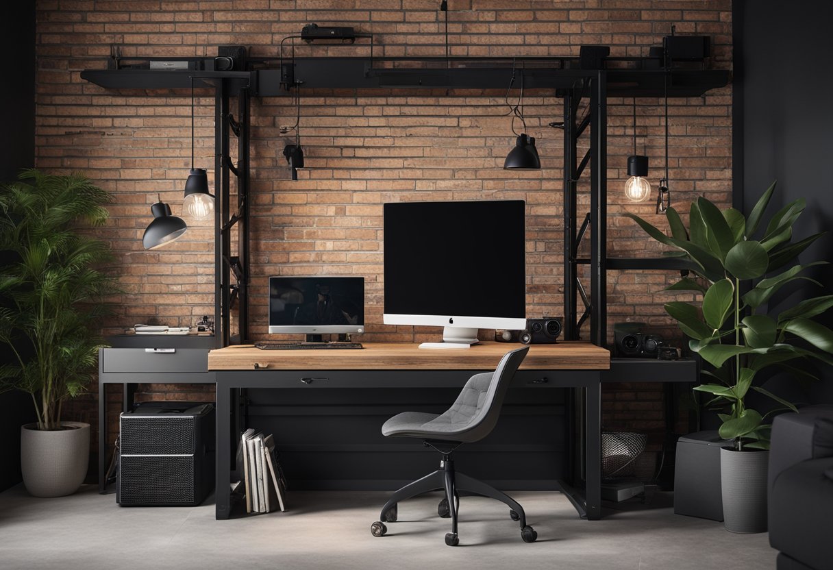 A modern bedroom with industrial accents, featuring a minimalist black bed, exposed brick walls, and a sleek desk with a gaming setup
