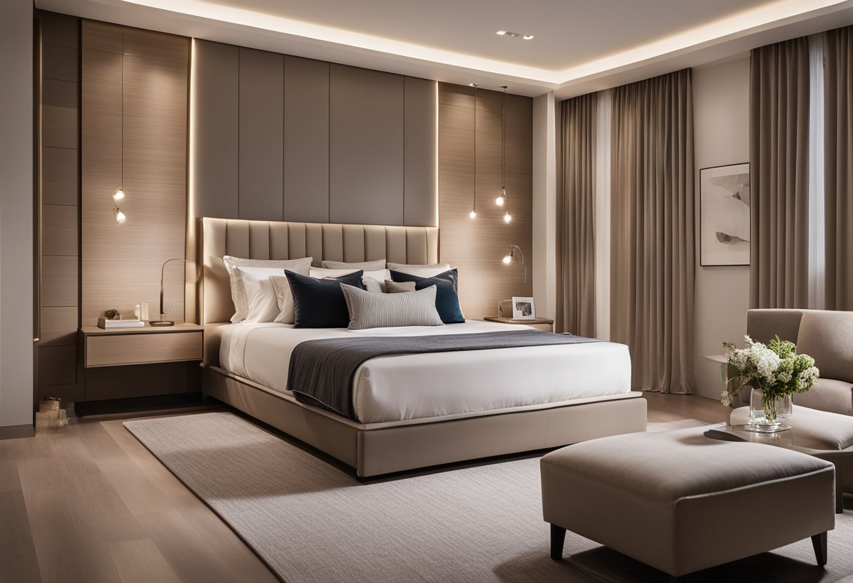 A cozy bedroom with modern furniture, soft lighting, and neutral colors. A large, comfortable bed is the focal point, surrounded by decorative pillows and a stylish headboard. A small seating area and a sleek dresser complete the space