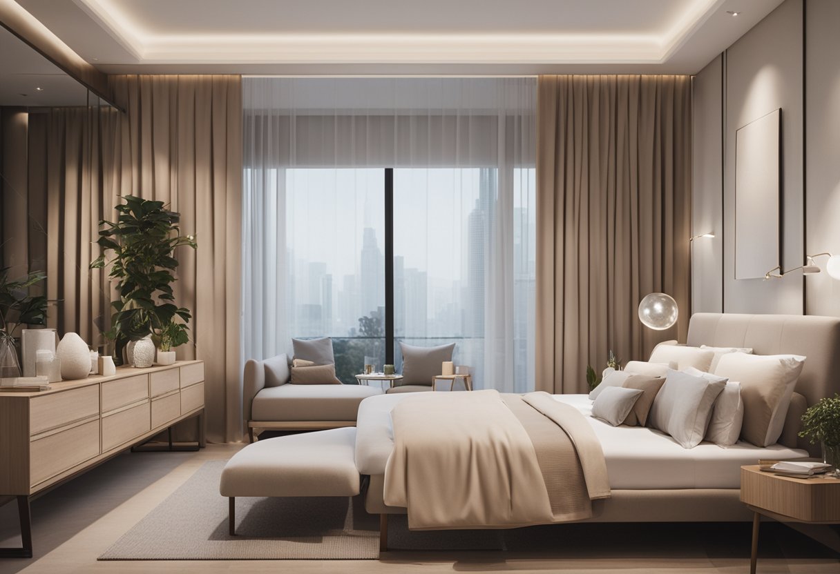The bedroom is adorned with modern furniture, soft neutral colors, and minimalistic decor, creating a serene and elegant ambiance