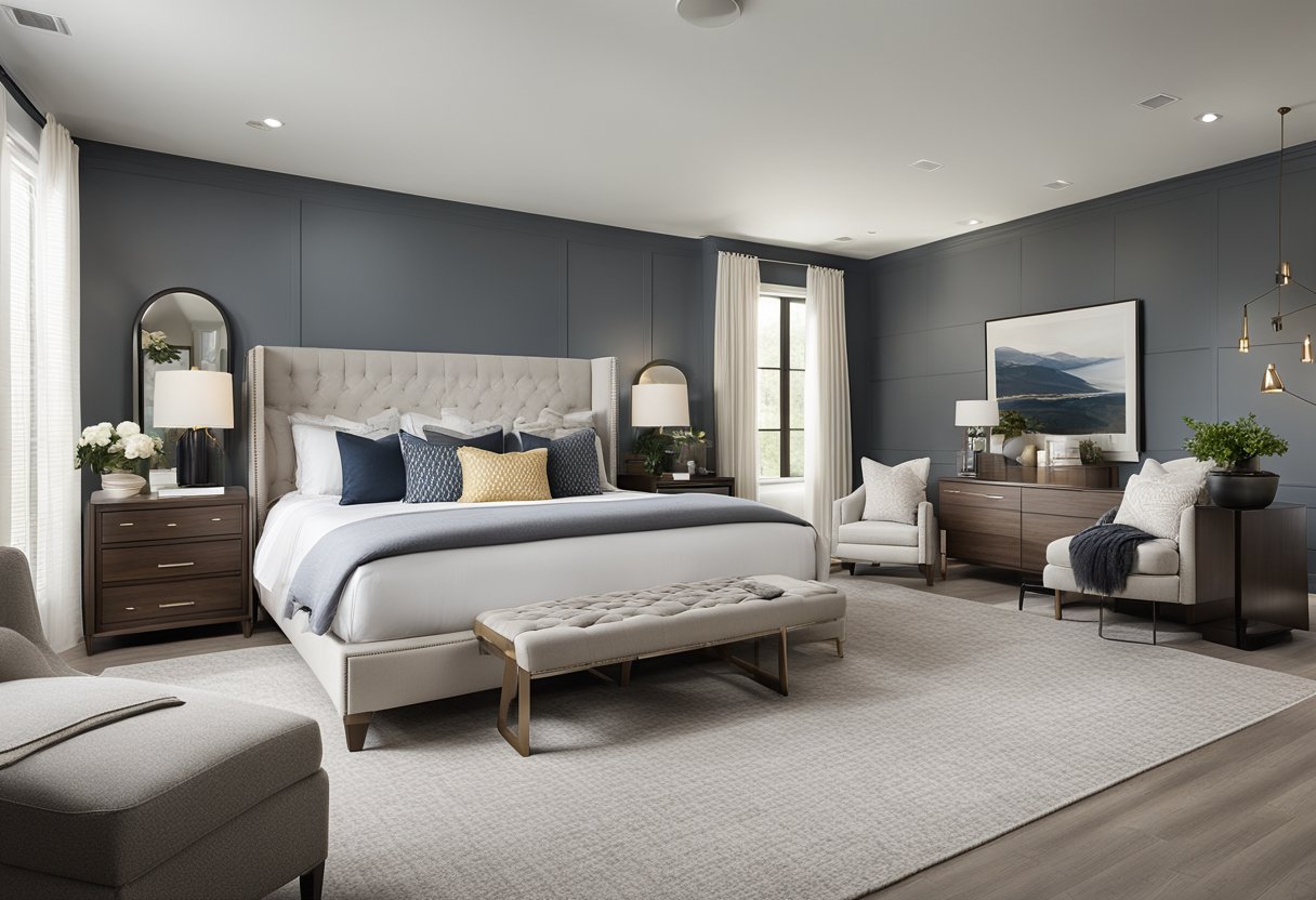 A spacious master bedroom with four distinct areas: sleeping, lounging, dressing, and work. The room features a king-size bed, a cozy seating area, a walk-in closet, and a sleek desk with a comfortable chair