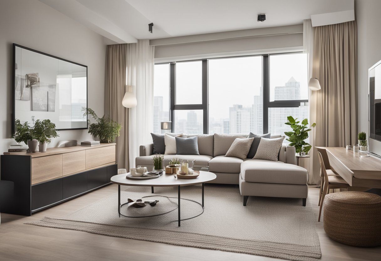 A cozy 1-bedroom condo interior with modern furniture, neutral color scheme, and plenty of natural light. A small dining area, a comfortable living space, and a well-organized kitchen with sleek appliances