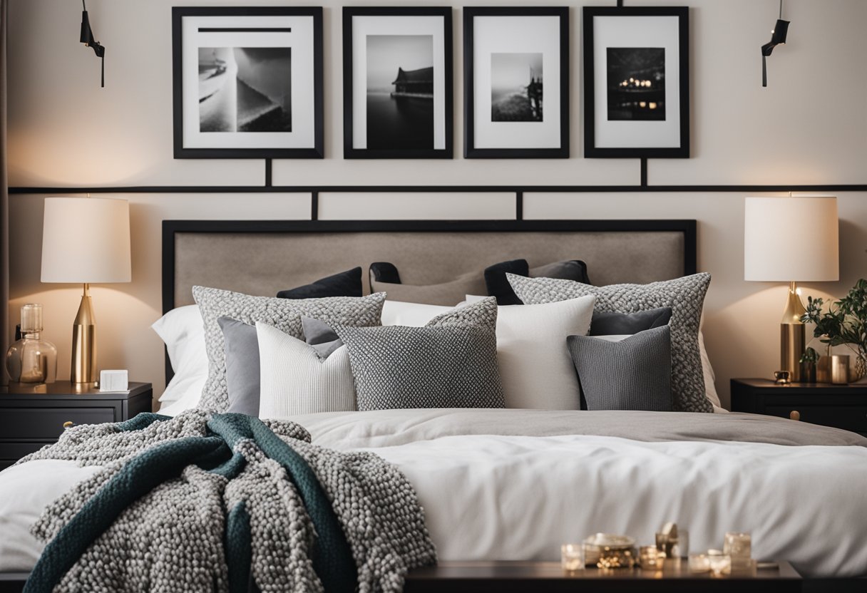 A cozy bedroom with personalized decor: a gallery wall of framed photos, a stylish throw blanket on the bed, and a collection of decorative pillows
