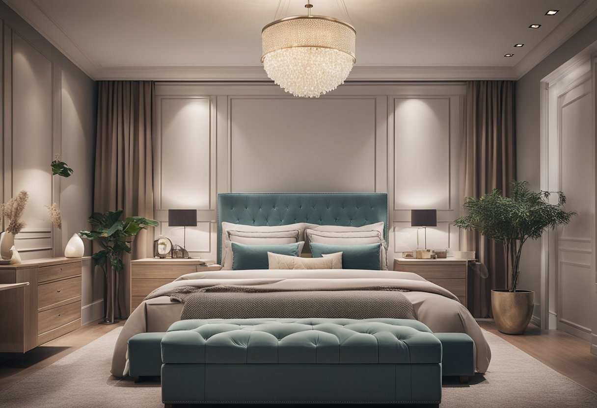 A cozy bedroom with matching furniture, soft lighting, and coordinating decor in soothing colors