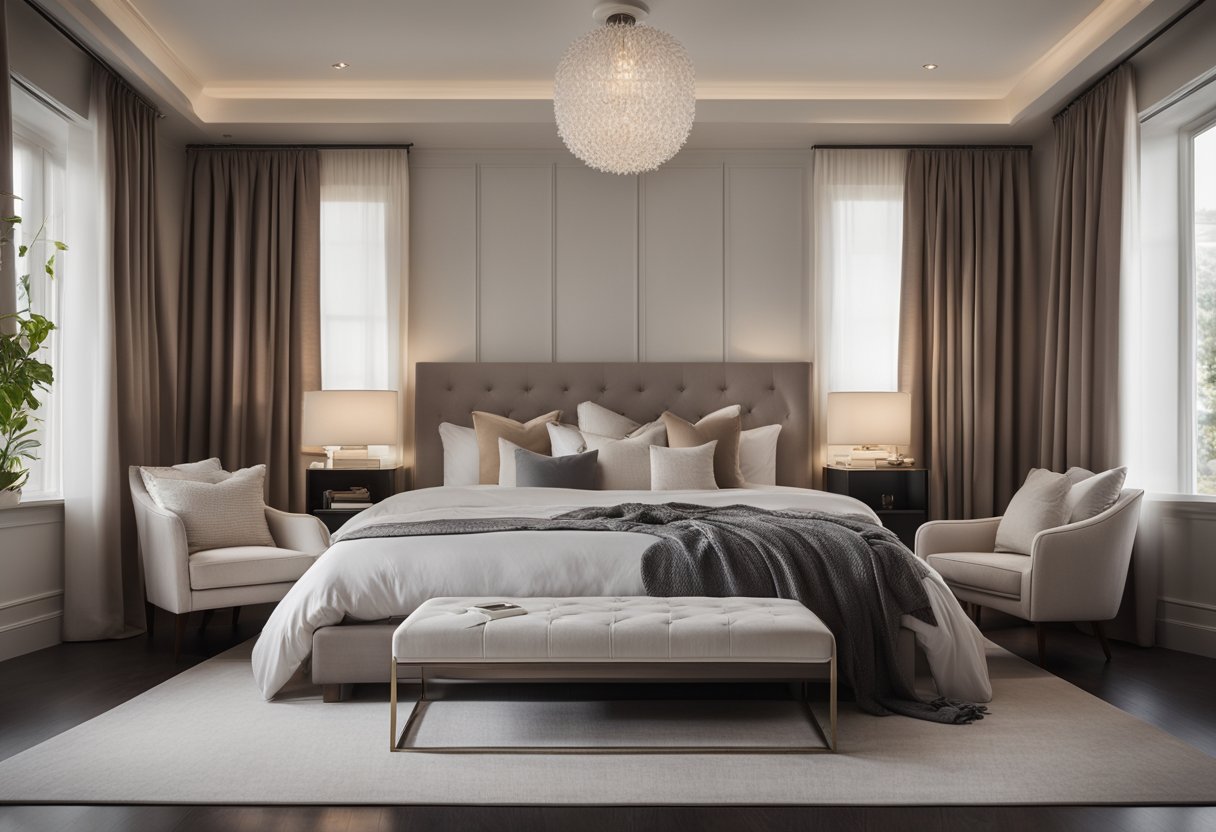 A cozy bedroom with modern furniture, soft lighting, and a neutral color palette. A large bed with plush bedding, a stylish nightstand, and a comfortable reading nook with a cozy armchair and a small side table