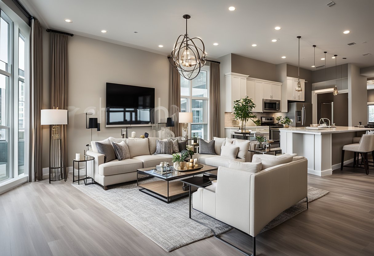 The 3-bedroom condo interior features modern furniture, neutral color palette, and ample natural light. Open floor plan creates a spacious and airy atmosphere