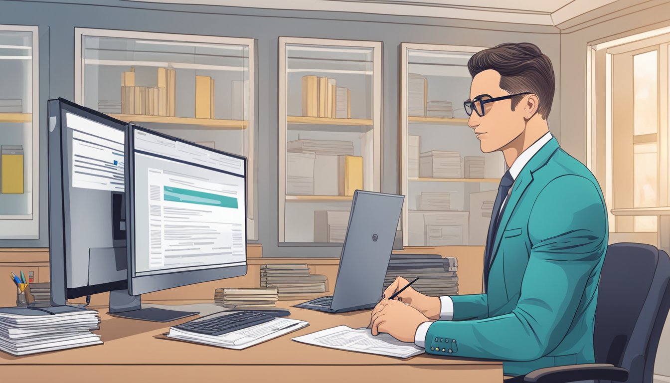 A business owner sits at a desk, signing paperwork for a bank loan. A bank officer explains terms and conditions. The loan amount is displayed on a computer screen