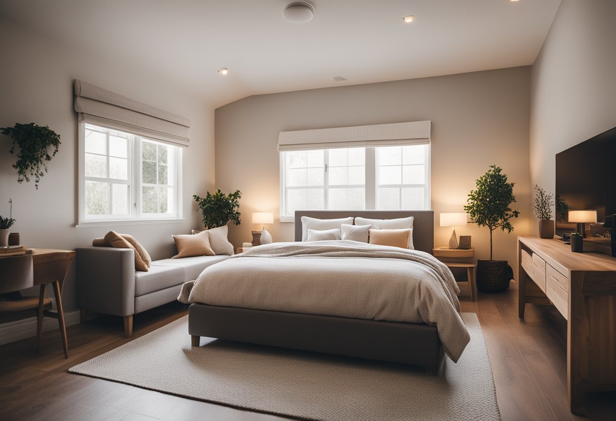 A cozy, minimalist bedroom with a large, comfortable bed, soft lighting, and neutral colors. A modern, sleek bedroom with clean lines, a platform bed, and bold, vibrant accents. A rustic, charming bedroom with wooden furniture, warm lighting,
