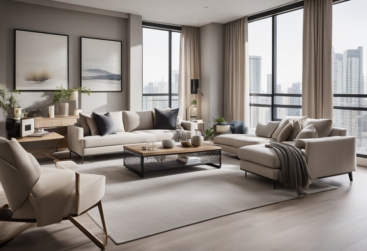 A modern 3 bedroom condo interior with sleek furniture, neutral color scheme, and ample natural light
