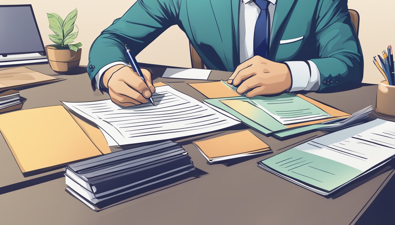 A business owner signs loan documents at a bank, with a stack of papers and a pen on a desk