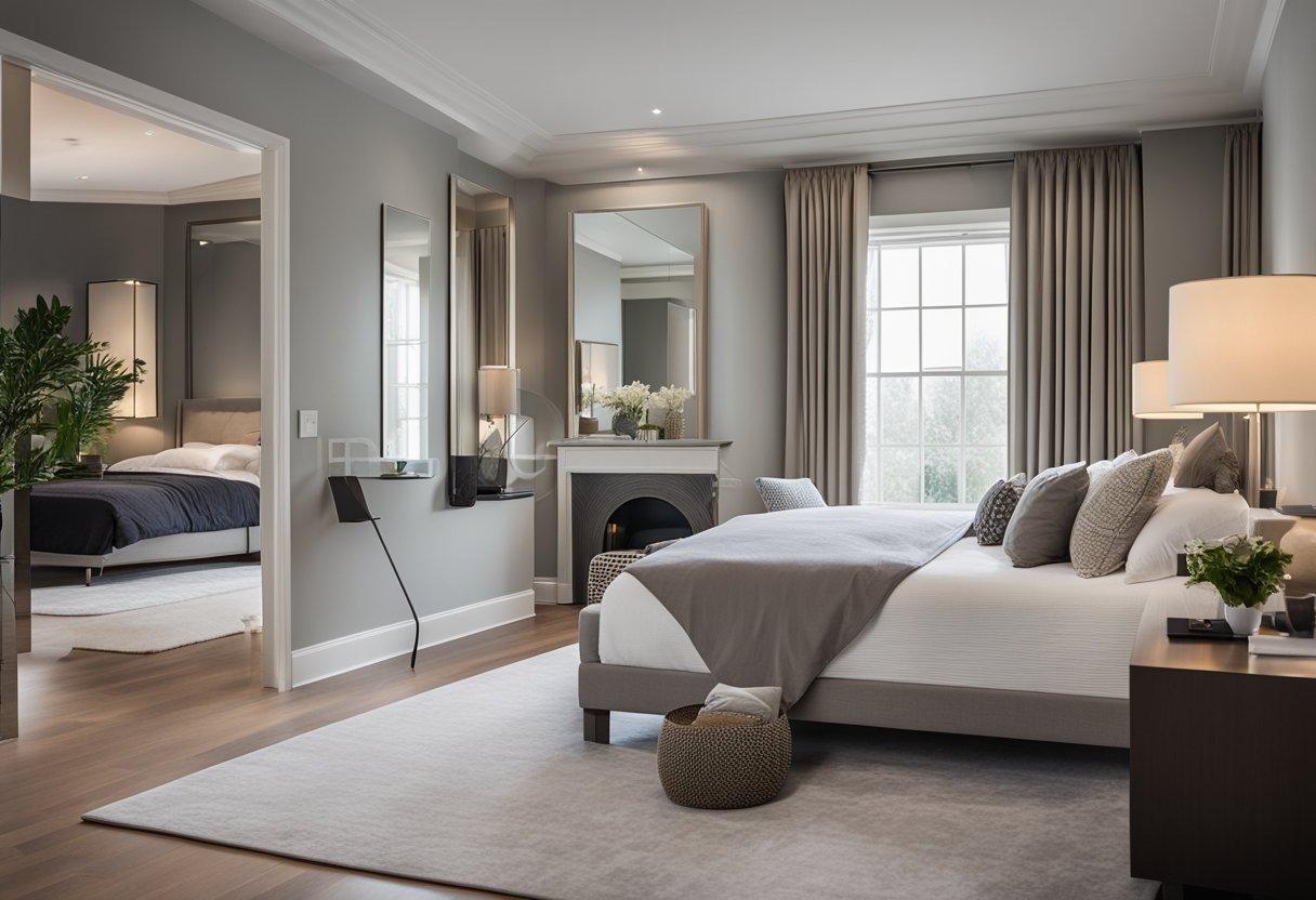 A spacious master bedroom with a cozy reading nook, a luxurious king-sized bed, a private sitting area, and a sleek ensuite bathroom