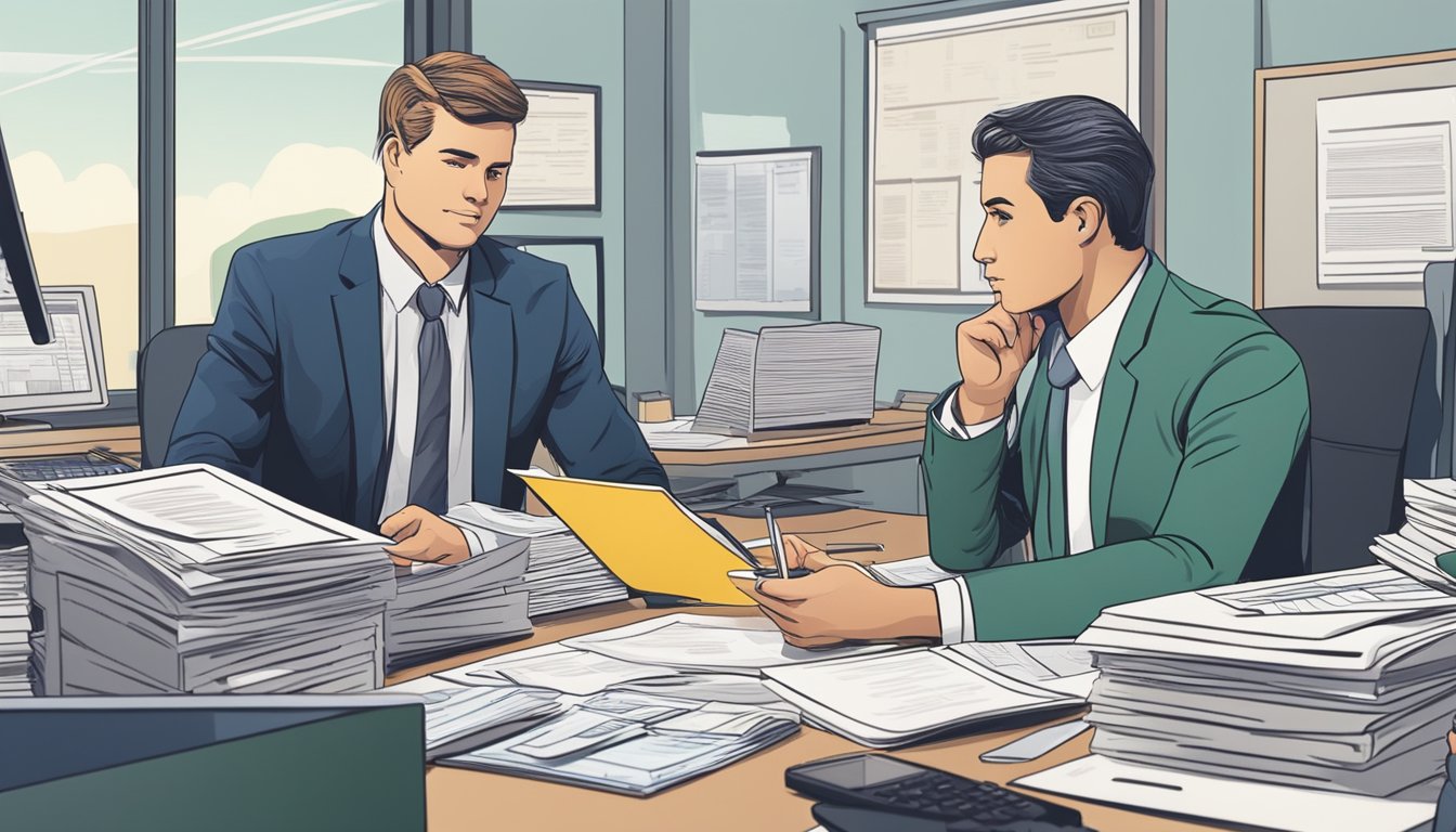 A businessman sitting at a desk, surrounded by paperwork and a computer, speaking with a bank representative about a business loan