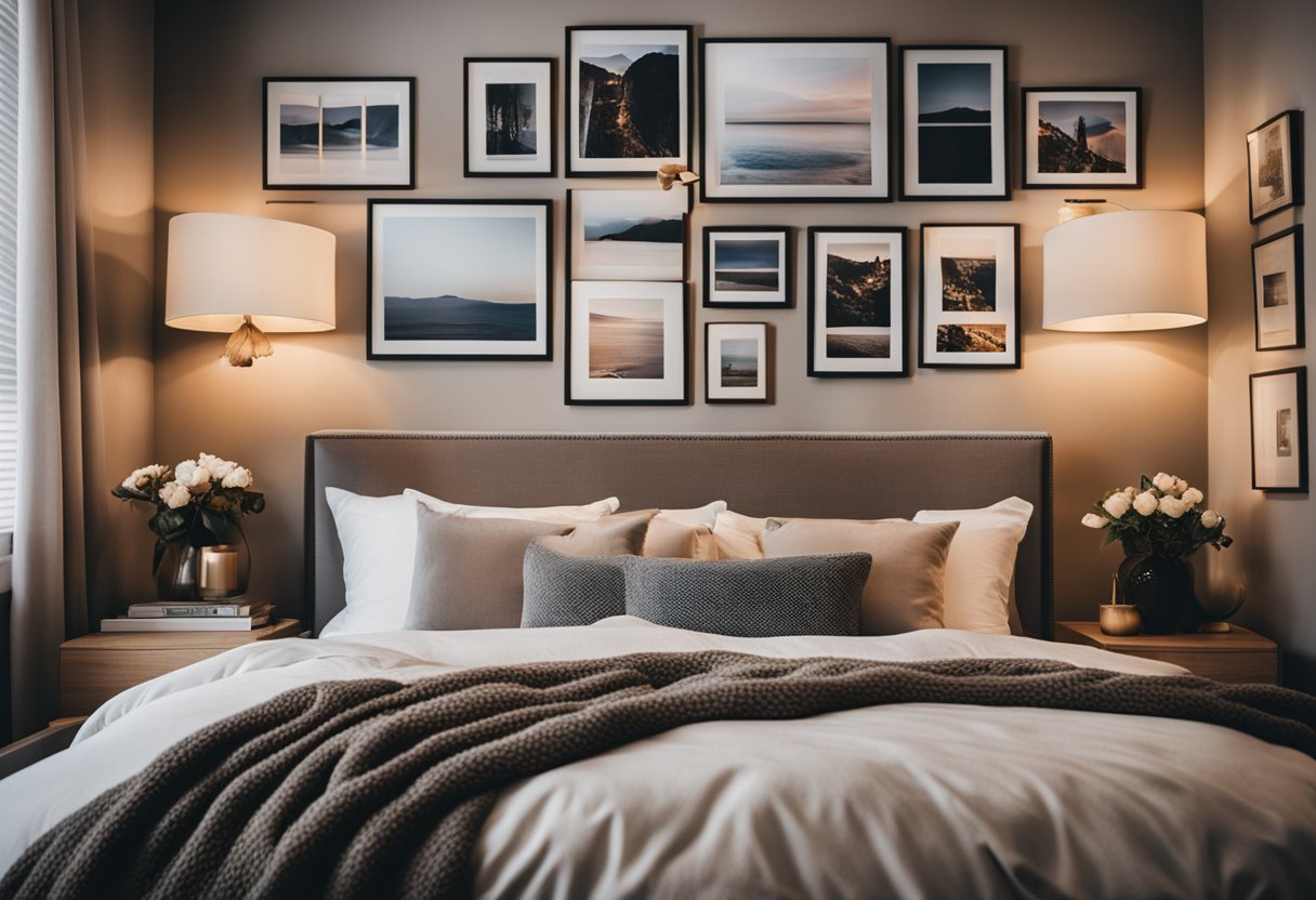 A cozy bedroom with a gallery wall featuring various framed photos. The bed is adorned with plush pillows and a soft throw blanket. Warm lighting creates a comfortable and inviting atmosphere