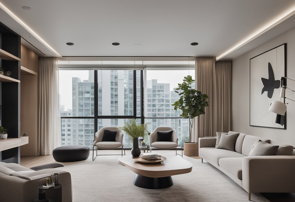 A sleek, minimalist one-bedroom condo interior with clean lines, neutral tones, and modern furniture. Large windows flood the space with natural light, highlighting the contemporary artwork and stylish decor