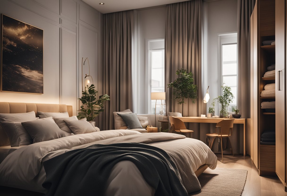 A cozy bedroom with a large, plush bed, soft lighting, and a warm color scheme. A spacious closet and a stylish desk area complete the dreamy design