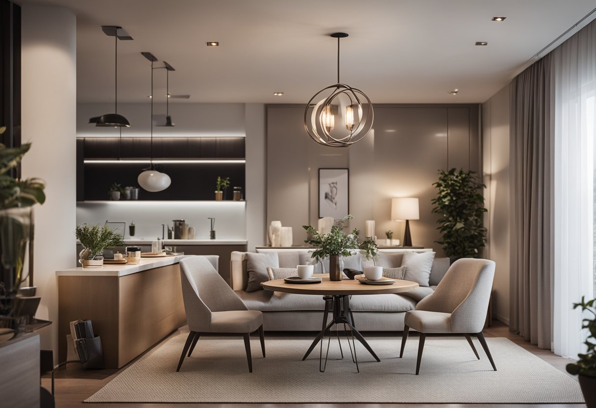 A cozy one bedroom condo with modern furniture, soft lighting, and a neutral color palette. A small dining area and a comfortable living space with a TV