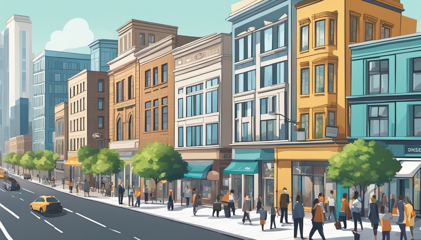 A bustling city street with a mix of modern office buildings and storefronts, showcasing the diverse range of properties that could be financed with a business property loan