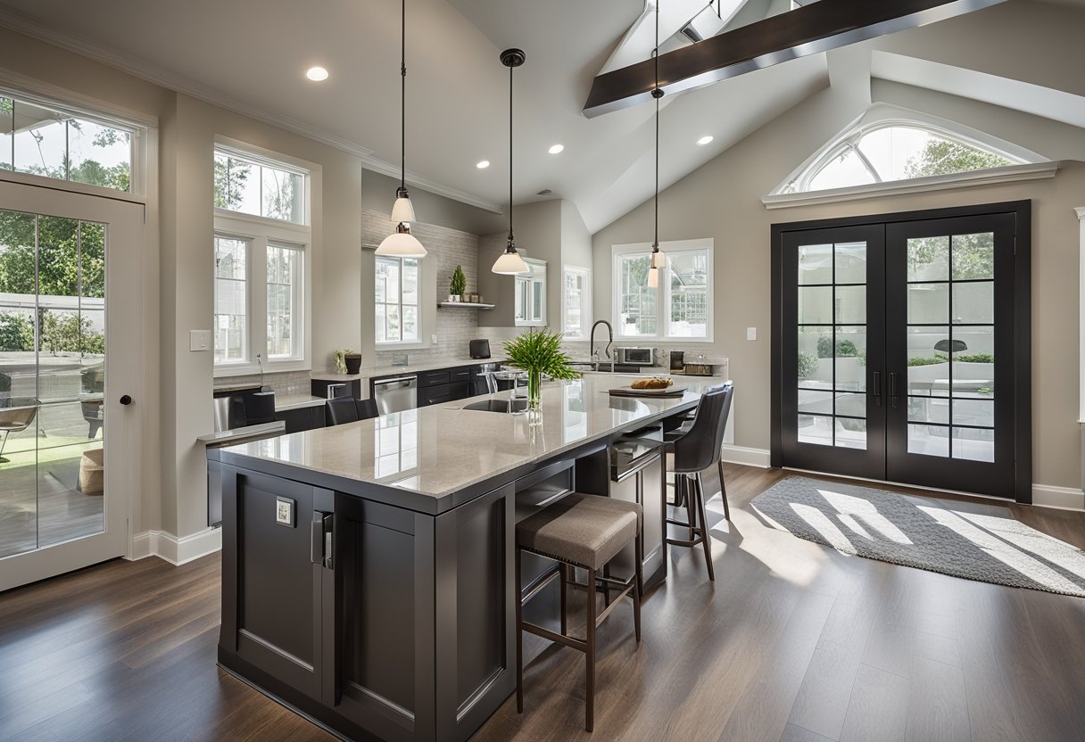 A 3-bedroom home with a mix of modern and traditional architectural styles, featuring a spacious open floor plan, large windows for natural light, and a functional kitchen with an island