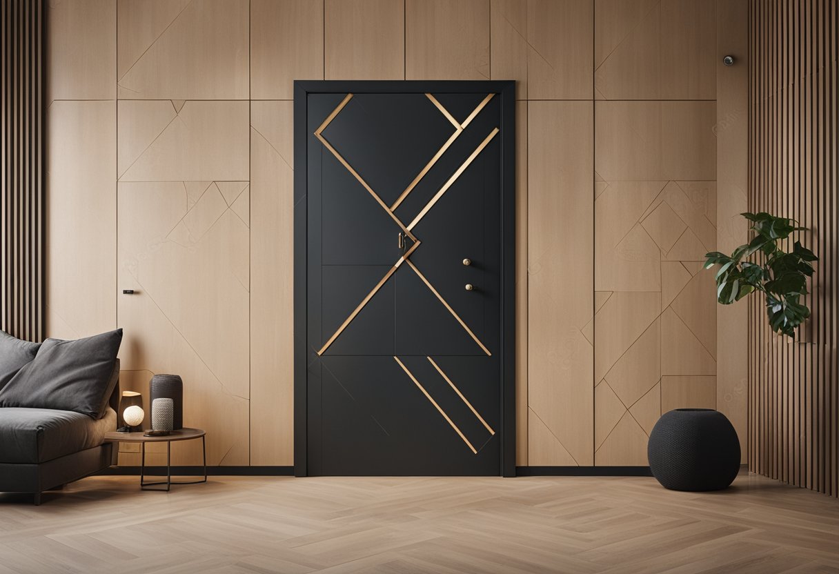 A plywood door with a modern geometric design for a bedroom