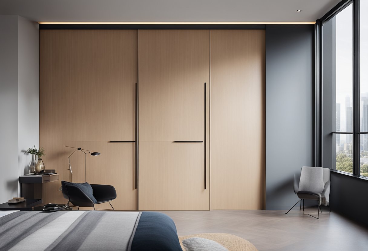 A bedroom with a modern plywood door, featuring sleek lines and minimalist hardware, creating a contemporary and inviting atmosphere