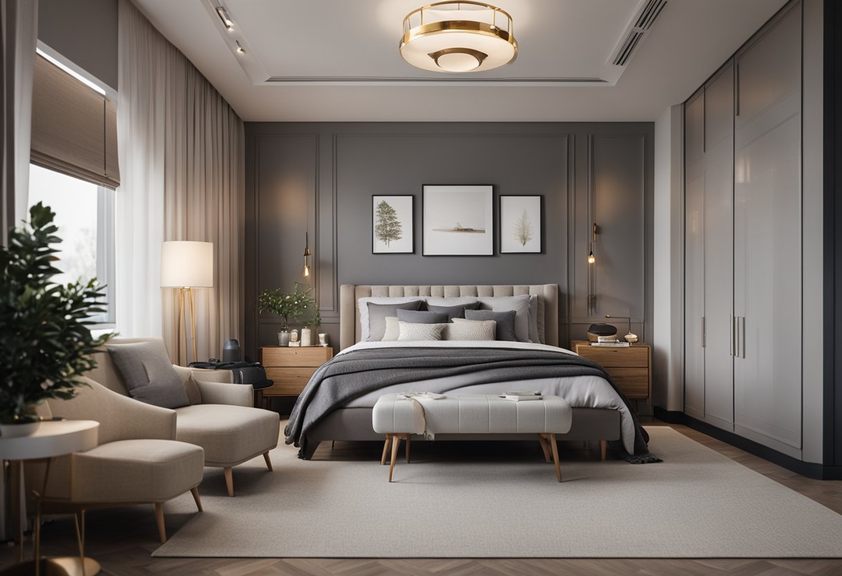 A spacious bedroom with a large bed centered against one wall, flanked by matching nightstands and lamps. A cozy reading nook with a comfortable chair and floor lamp in the corner. A dresser and mirror on the opposite wall