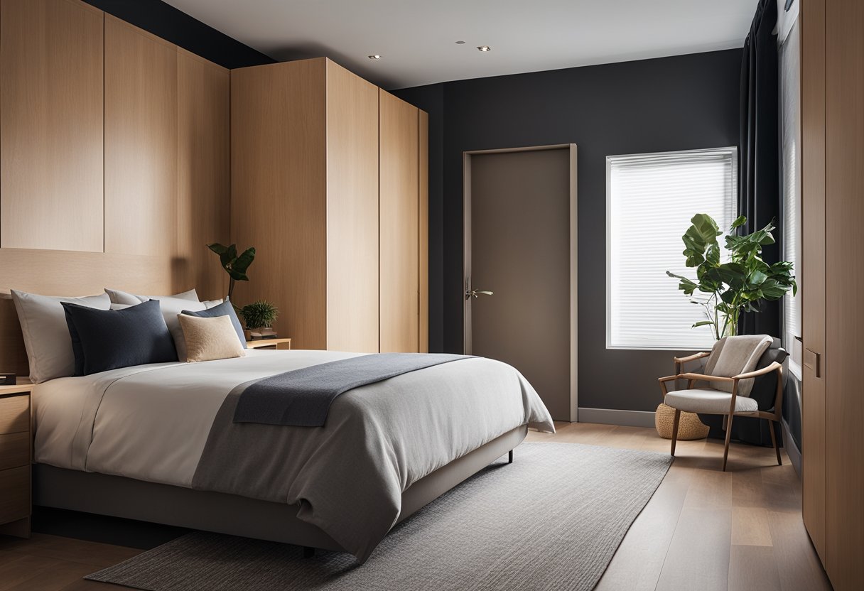 A bedroom with a plywood door featuring sleek, modern design and smooth finish, complementing the room's minimalist aesthetic
