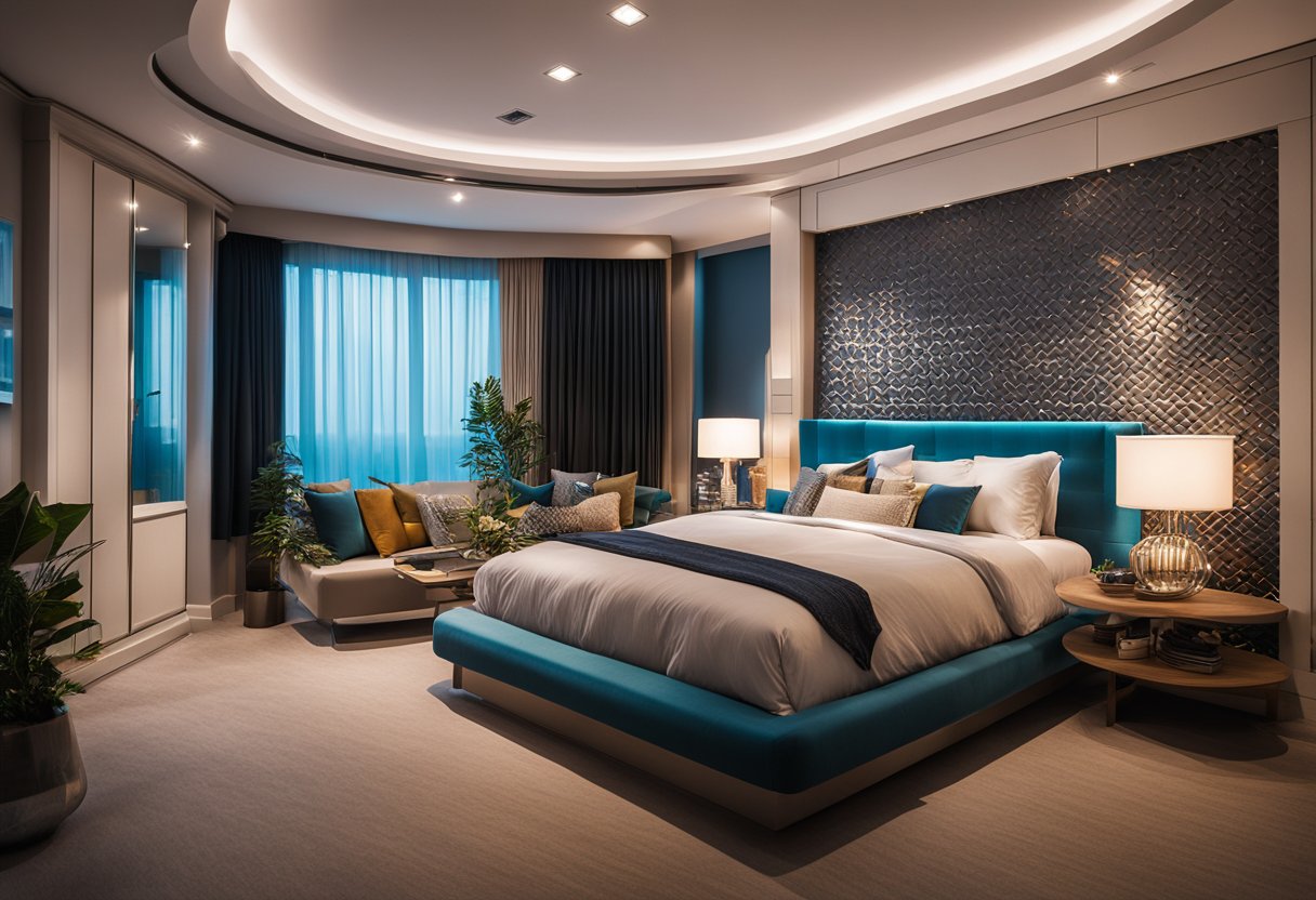 A bedroom with customised furniture, vibrant colors, and unique lighting