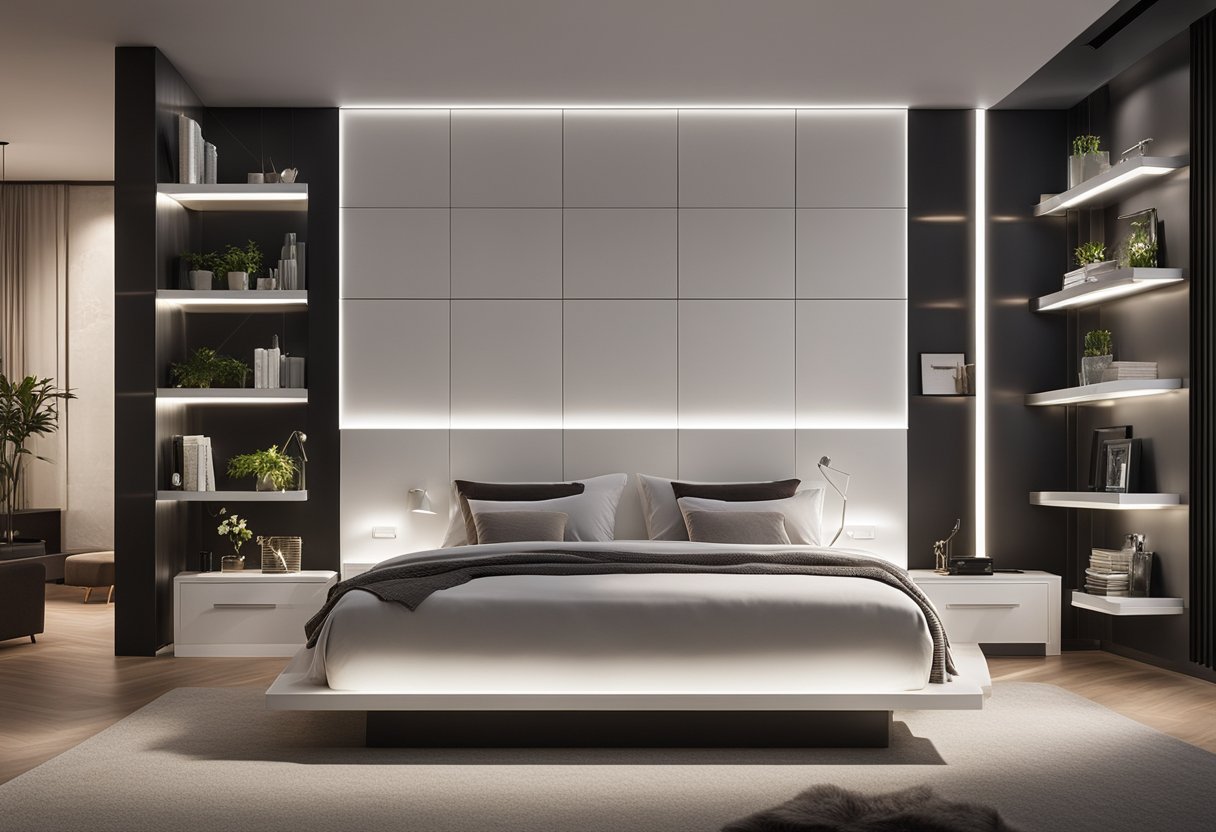 A sleek, space-saving headboard design maximizes bedroom space with built-in shelves and integrated lighting