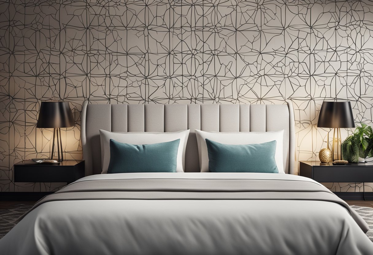 A bedroom with a modern headboard wall design, featuring geometric patterns or floral motifs, with a clean and minimalistic color palette