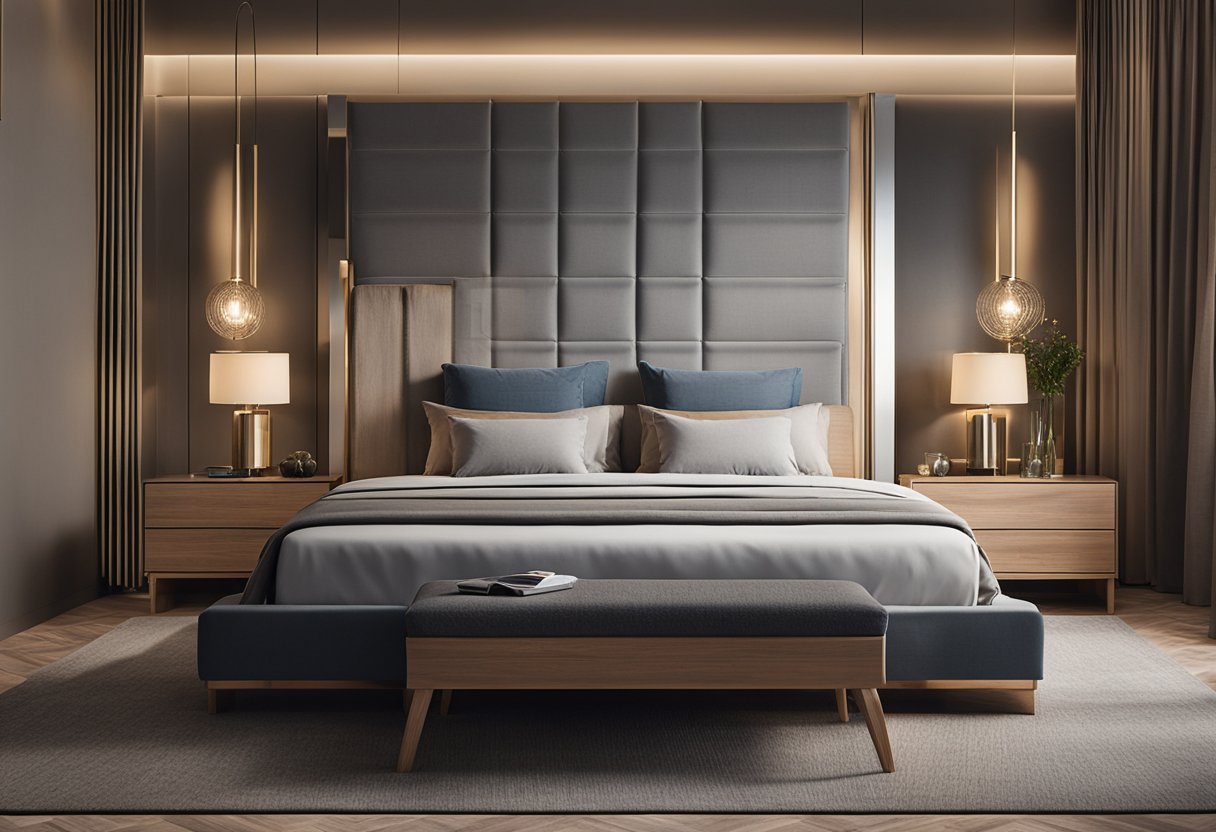 A person arranges a bed, nightstands, and lamps in a bedroom, considering the layout and decor