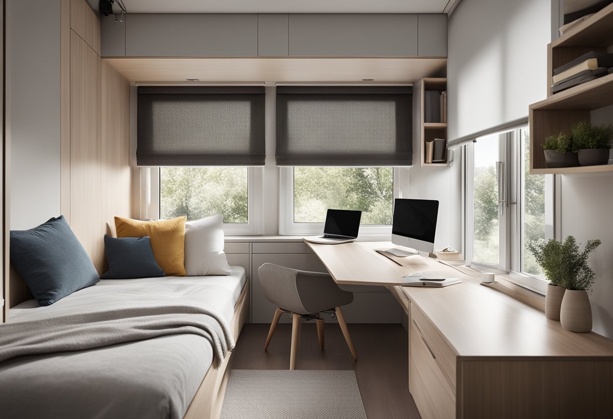 A cozy, compact bedroom with minimalistic furniture, large windows, and a neutral color palette. The space-saving design includes built-in storage and a fold-down desk