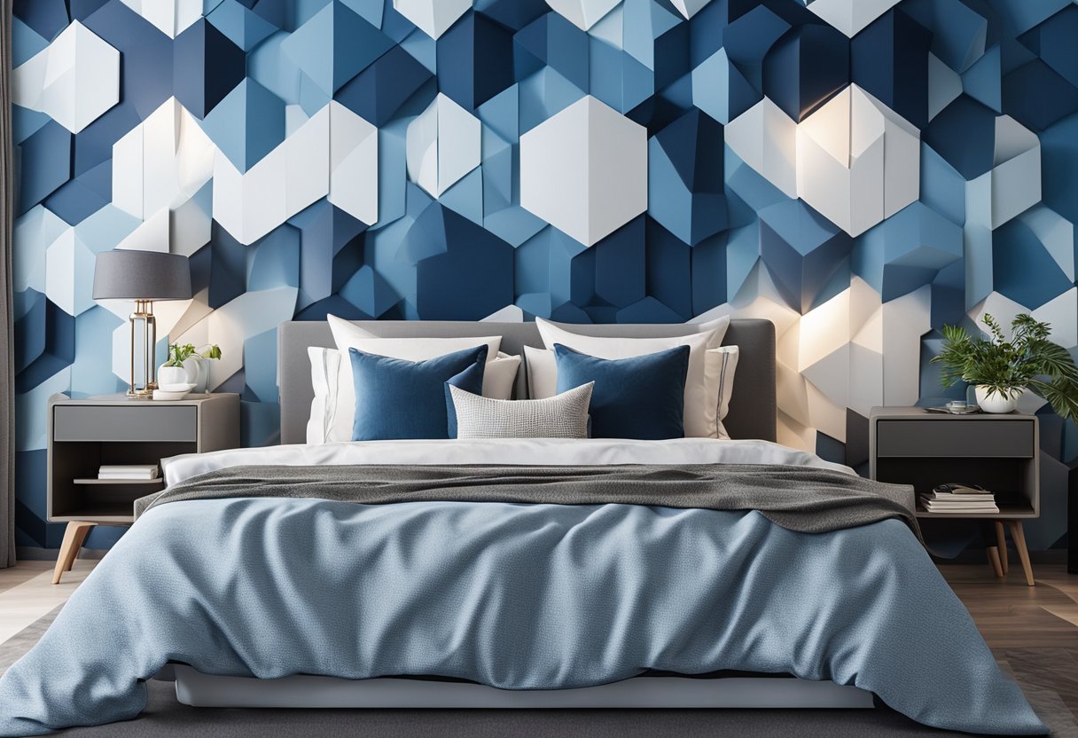 A bedroom with a 3D wallpaper design featuring a geometric pattern in shades of blue and white, creating a sense of depth and dimension on the walls