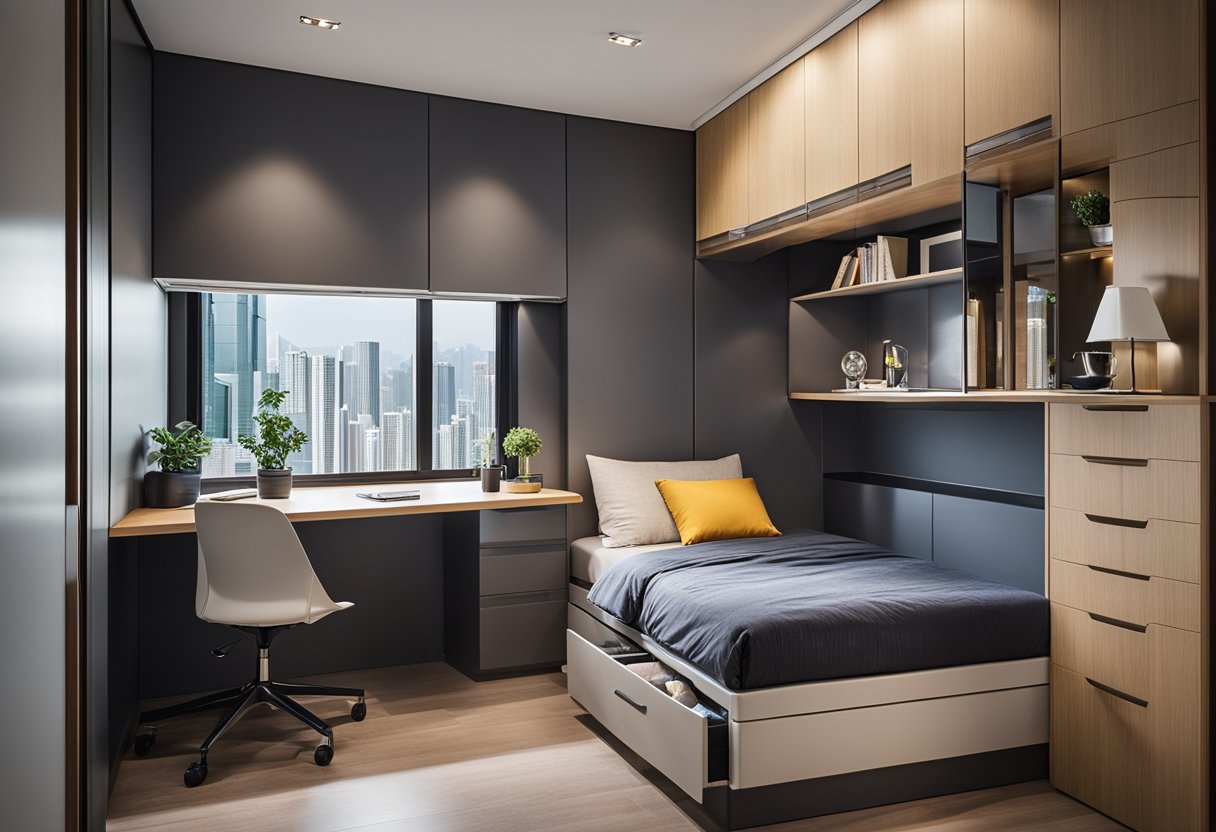 A compact bedroom in Hong Kong with a raised bed, built-in storage, and fold-down desk to maximize space