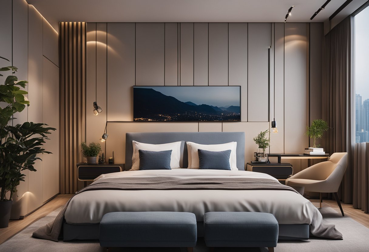 A cozy, modern bedroom in Hong Kong with sleek furniture, soft lighting, and minimalist decor exuding comfort and style