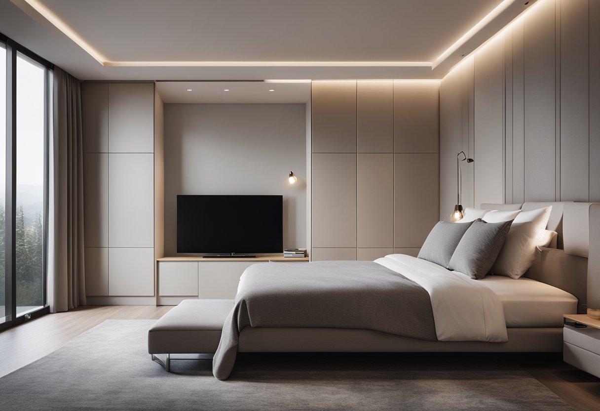 A sleek, minimalist bedroom with clean lines, neutral colors, and a large, comfortable bed. A wall-mounted TV, modern lighting fixtures, and a cozy reading nook complete the contemporary design
